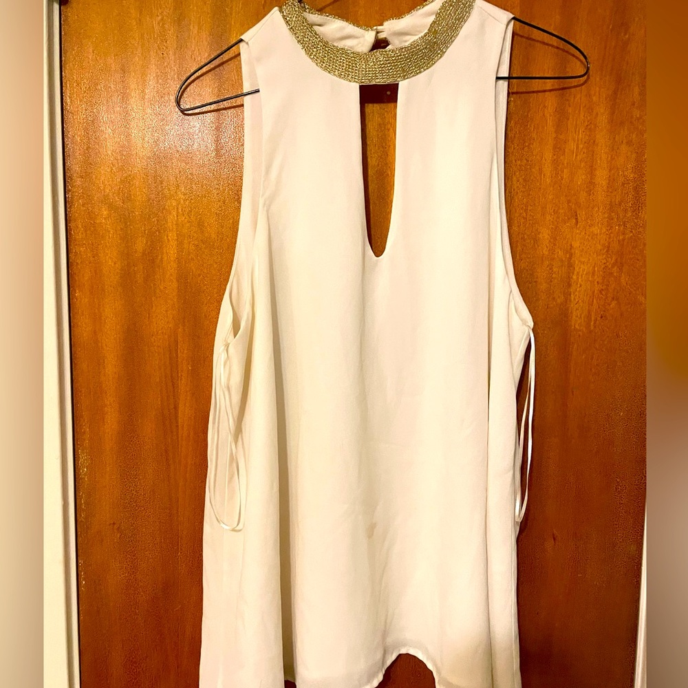 Gold shimmer ringer neck high neck halter tank top ivory